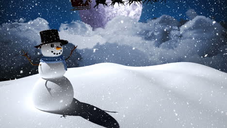 animation of snow falling over smiling snowman in winter scenery