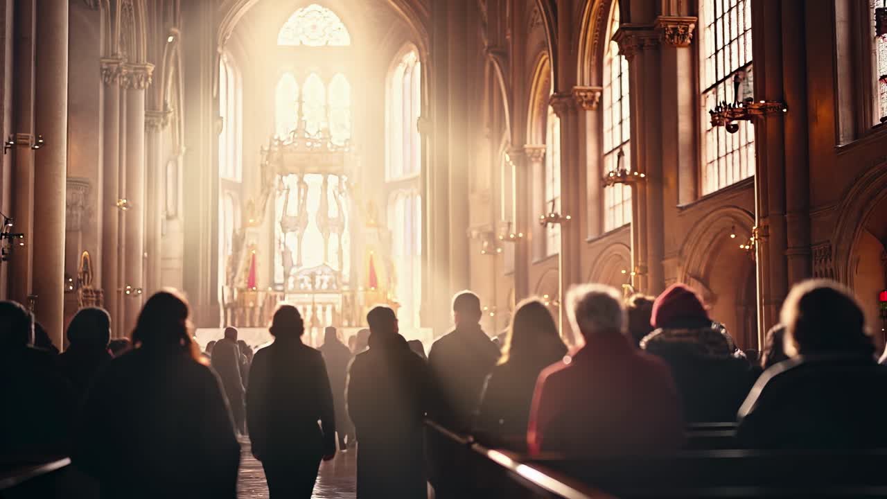 A serene video scene of a church interior, captured from a low angle, with warm sunlight streaming