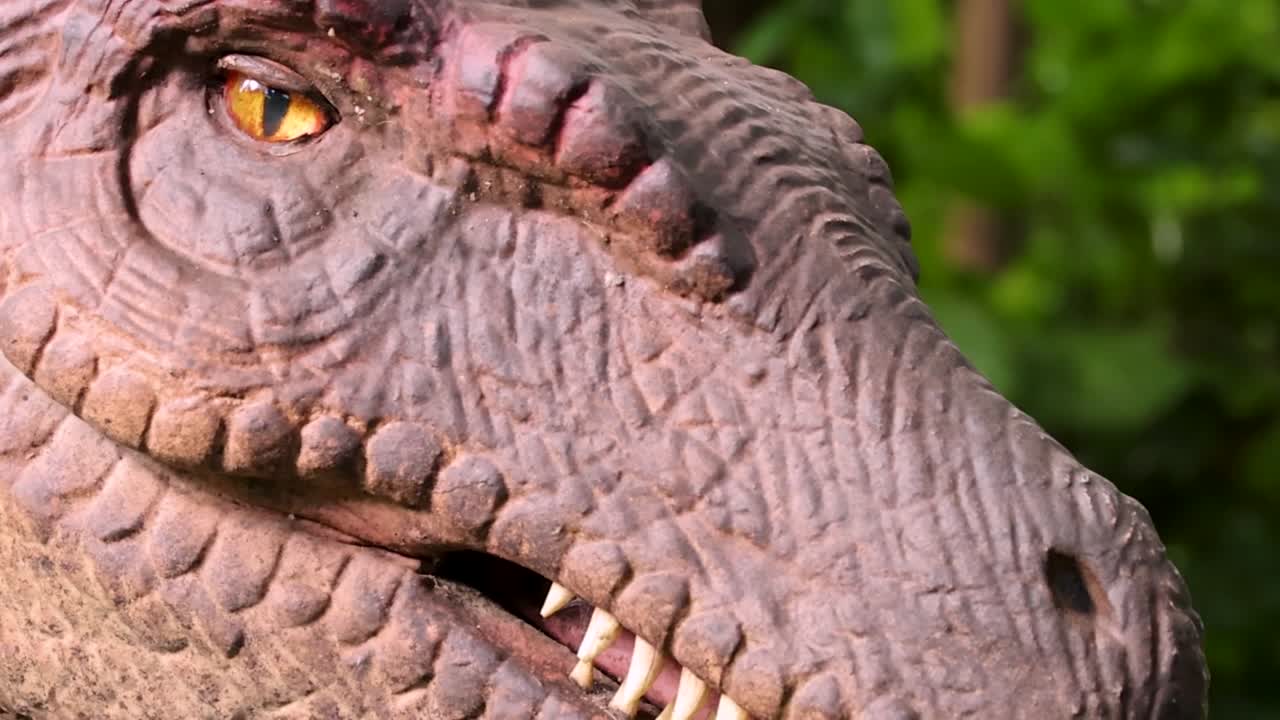 Detailed view of a realistic dinosaur model's scaly skin and blinking eye in nature