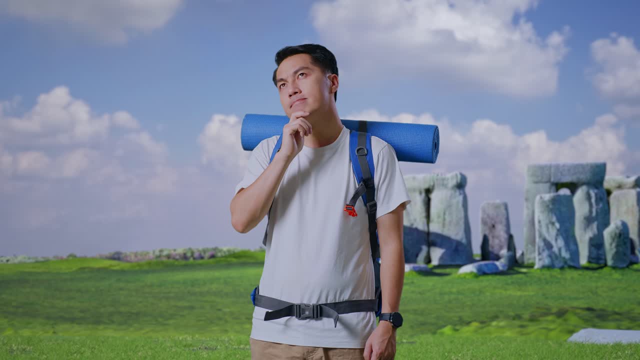 Asian Male Hiker With Mountaineering Backpack Thinking About Something And Looking Around While Traveling In Stonehenge