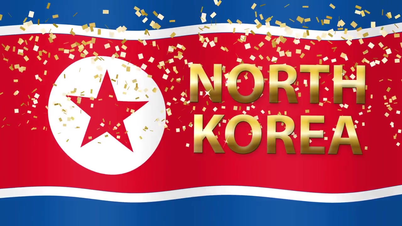 Bandiera animata della Corea del Nord che sventola con testo 3D dorato e particelle di coriandoli glitterati che cadono.