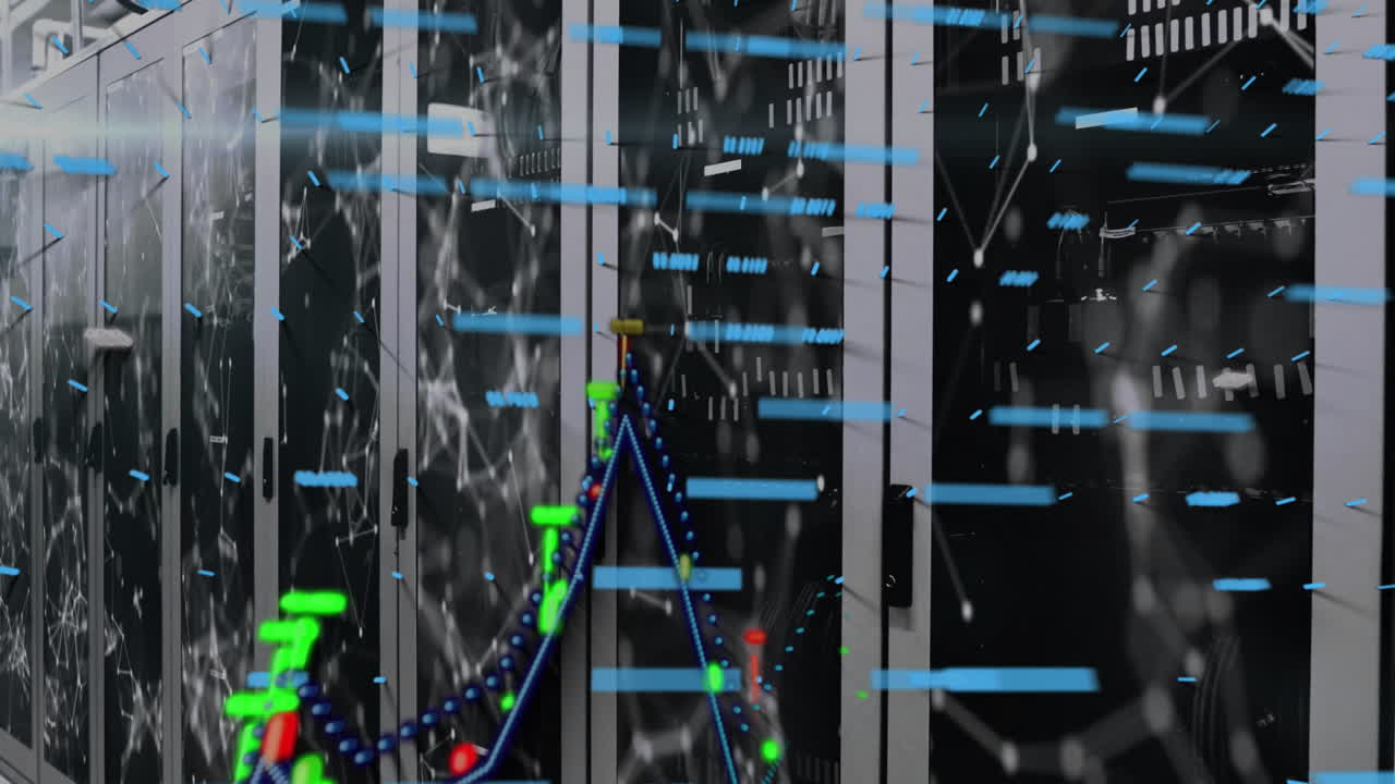 Data processing animation in technology data center with servers running