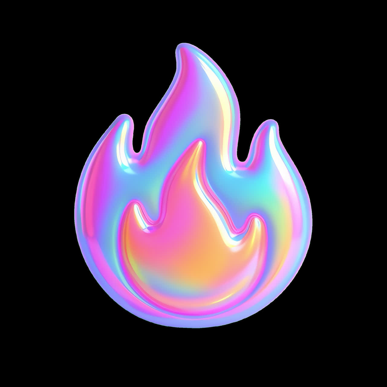 Colorful iridescent flame icon animation isolated asset, transparent 4K video, alpha channel, ProRes