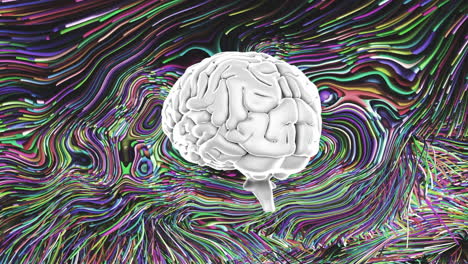 el cerebro humano girando sobre ondas líquidas coloridas