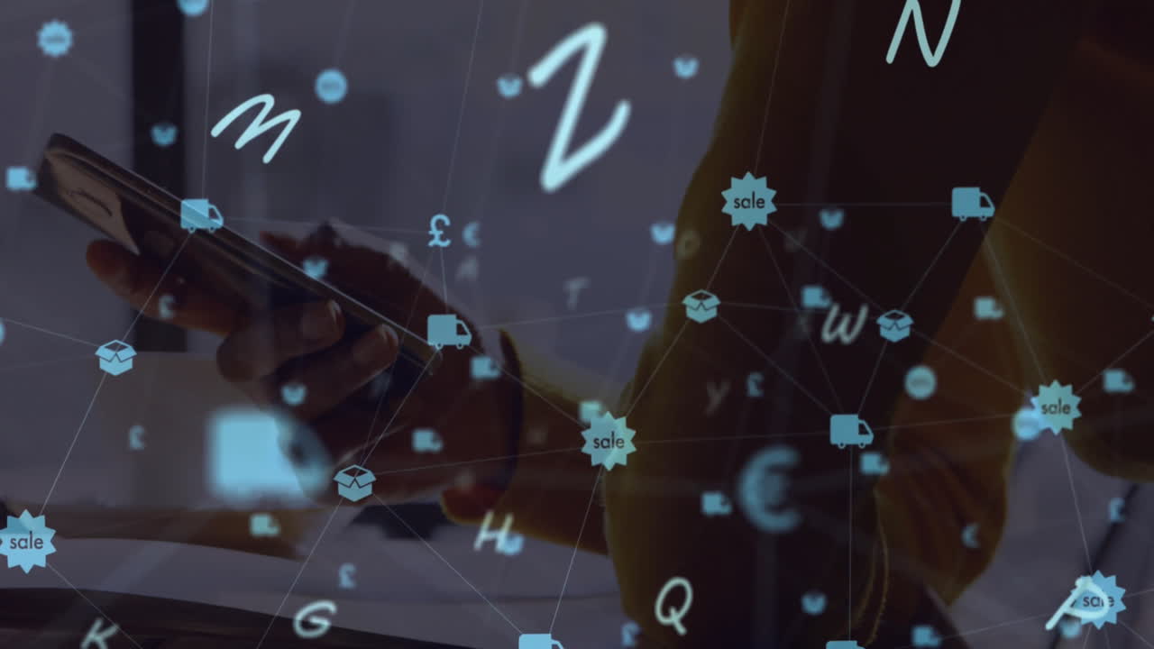 animación de una red de iconos de las redes sociales sobre una mujer caucásica que usa un teléfono inteligente