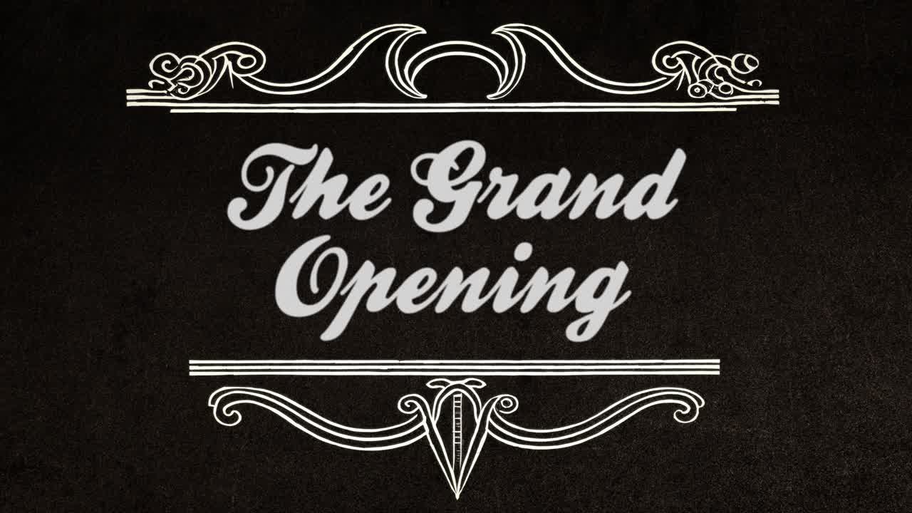 1920 년의 클래식 무성 영화 애니메이션: 그랜드 오프닝의 단어, 우아한 아트 데코 프레임에 나타나, 향수와 매력으로 가득 차, 우아하게 나이가 들고  ⁇ 은 외모