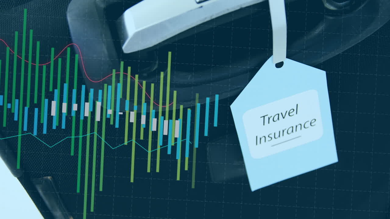 트롤리 가방에 붙여진 태그의 여행 보험 텍스트 위에 그래프의 애니메이션