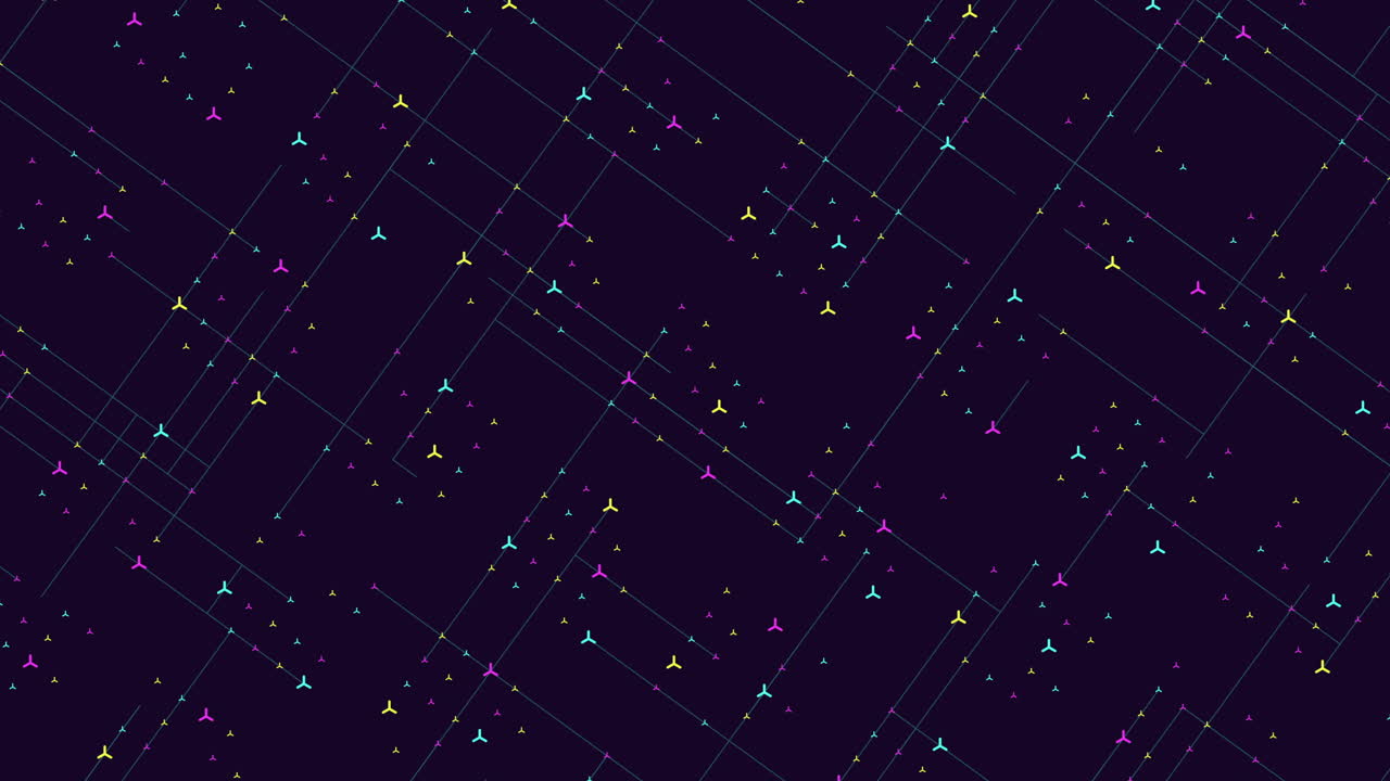 Vibrant triangular grid pattern in shades of purple, blue, and green on dark background