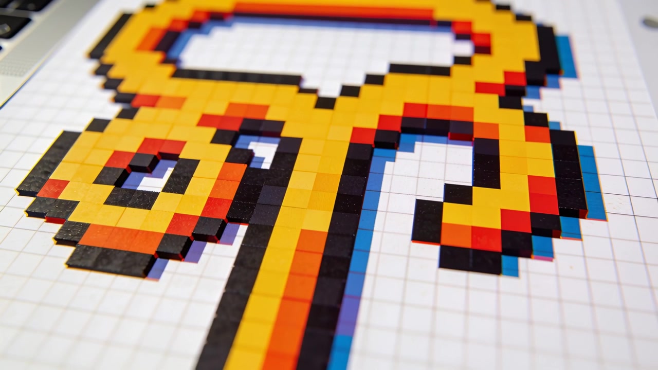 Reframing camera panning forward, revealing pixel art on graph paper and laptop edge, showing color