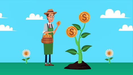 elegant gardener businnessman with coins plant character animated