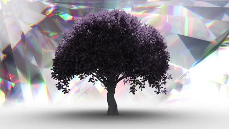 animation of tree silhouette over glowing crystals