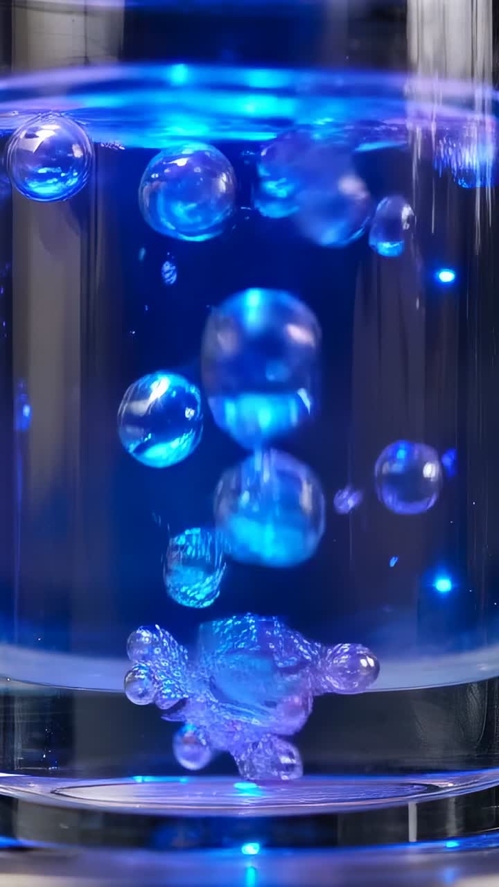 Video verticale: Sorgente che emette una colonna di bolle in un tubo, con LED che cambiano colore, mostrando movimento per il design.