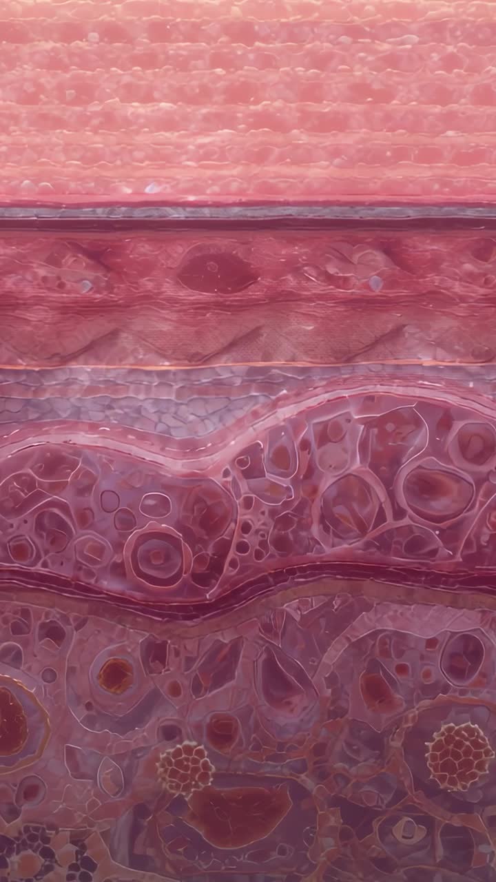 Video verticale: carrellata che rivela strati di tessuto in primo piano, mostrando le ghiandole da studiare