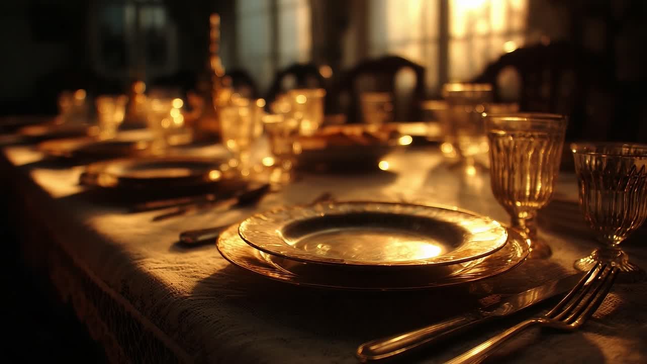 A Beautifully Set Table Bathed in Warm Golden Light, Capturing the Essence of Elegance and Anticipation for a Memorable Gathering