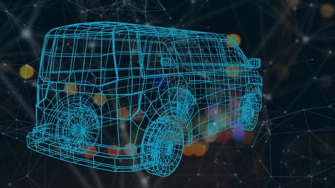 animación de una furgoneta digital sobre una red de conexiones sobre un fondo negro