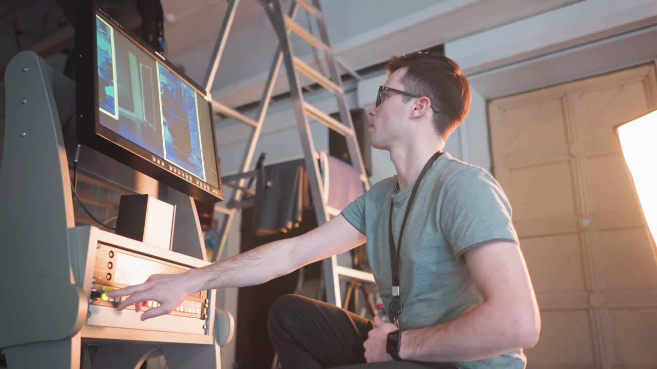 Person adjusting video equipment in TV studio, focused on control panel and monitor displaying broadcast setup. Studio lights and cables visible in background while adjusting settings