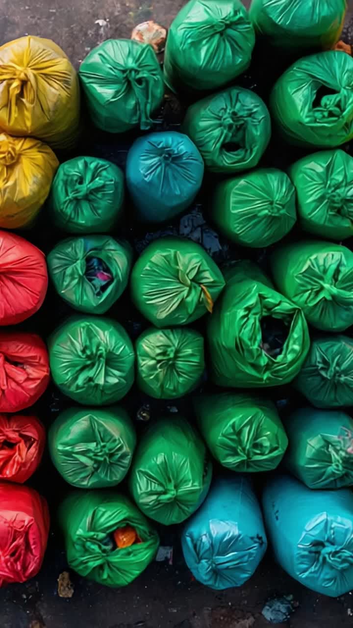 Colorful Trash Bags: A Pile of Green, Yellow, and Blue Waste Sacks Brought Together in a Vibrant Display of Recyclable Material Awaiting Disposal and Processing