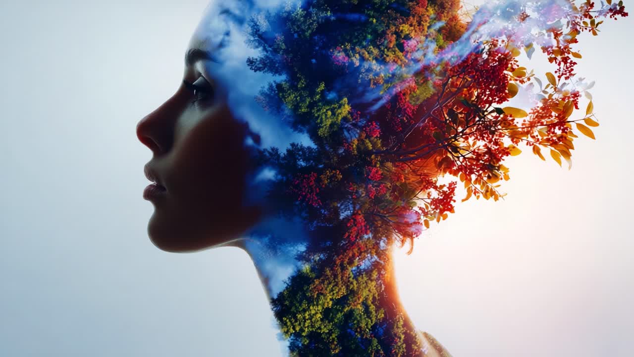 A Serene Exploration of Nature's Essence Merging with the Human Spirit in a Beautifully Artistic Double Exposure Portrait Showcasing Flora and Tranquility
