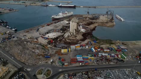 Close-up-drone-shot-site-of-deadly-explosion-at-Beirut-Port-in-Lebanon