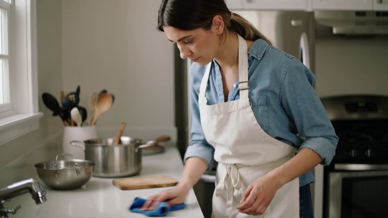 Donna con camicia di jeans e grembiule che asciuga un piano di lavoro bagnato per pulire la cucina di casa, usando un panno blu.