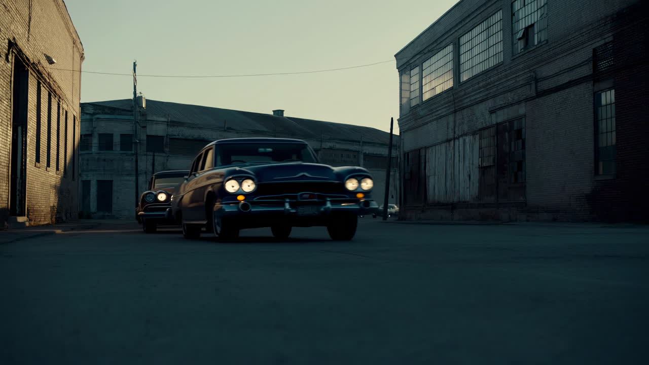 Lagerhalle Dämmerung, Konvoi klassischer Autos, Motorengeräusch, Reihe von Muscle Cars kommt aus Industriehof, gedämmtes Licht