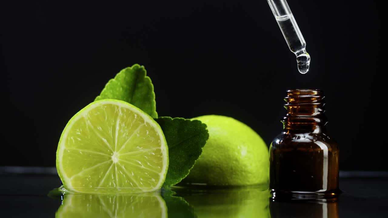 Dripping oil from pipette into bottle close-up, lime juice. Making aroma serum on black background. Dropping liquid citrus extract, skincare routine, treatment spa concept. Traditional medicine