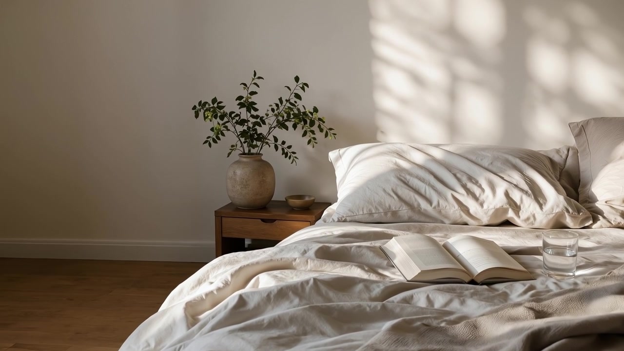 Interior kamar tidur yang nyaman dengan buku terbuka dan segelas air di tempat tidur yang berantakan di bawah sinar matahari pagi