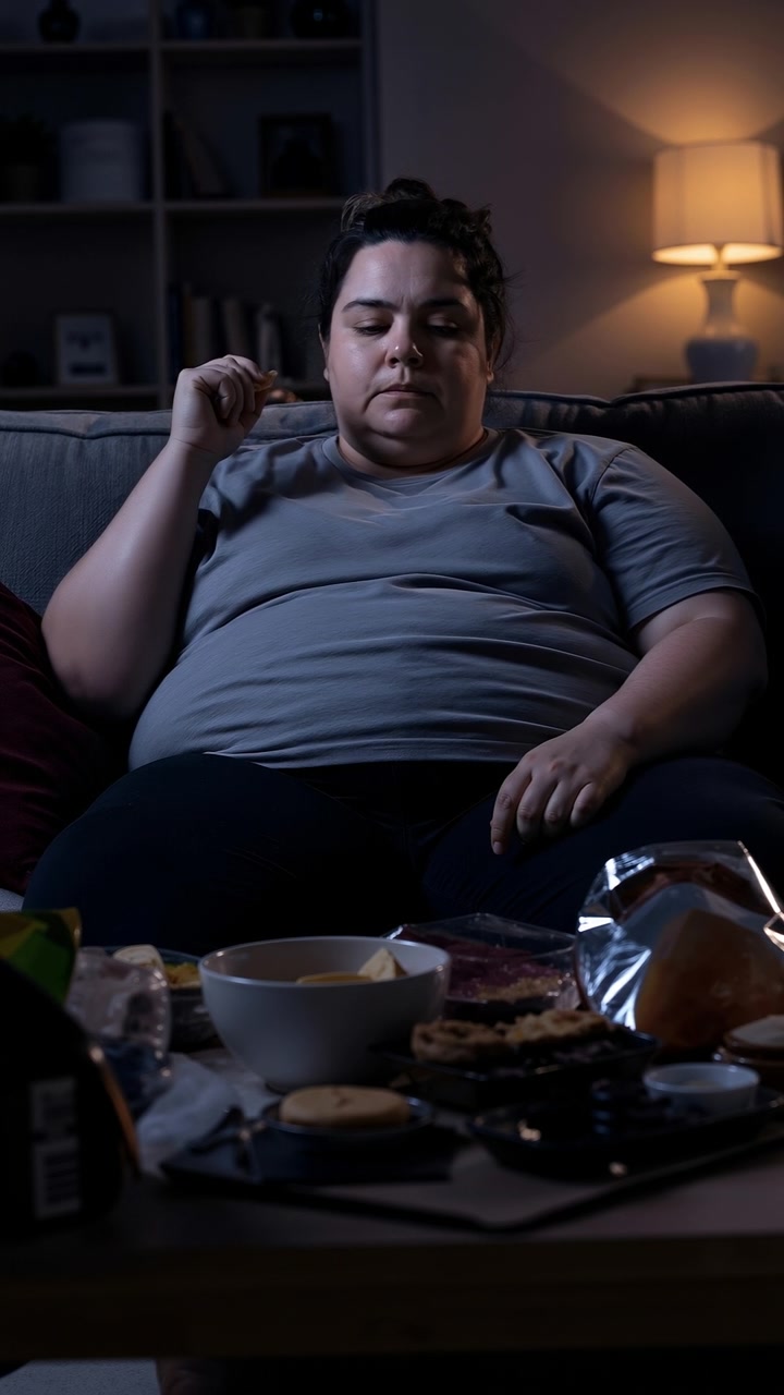 Donna in sovrappeso seduta su un divano che mangia snack mentre guarda la televisione di notte.