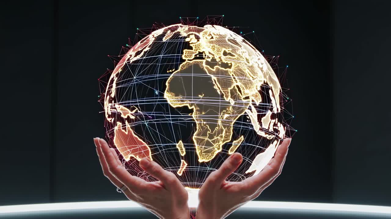 Futuristic video concept showing hands holding a digital globe