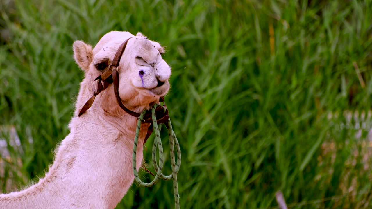 telefoto de primer plano de la cara de un camello masticando con un halter al aire libre