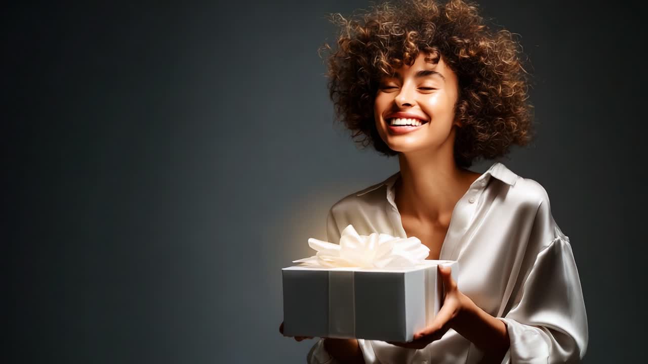 Expressing Joy and Surprise: A Young Woman Unveils a Beautifully Wrapped Gift in a Captivating Moment of Delight and Anticipation in Two Frames