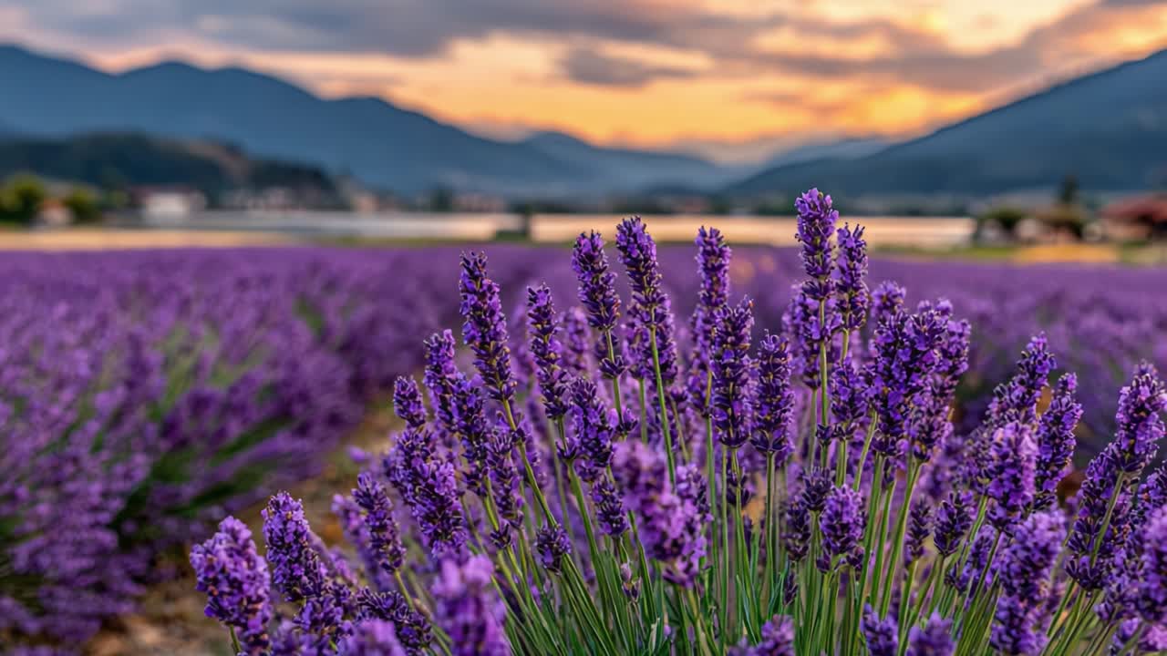 Un tramonto mozzafiato sui campi di lavanda: viste accattivanti e colori vivaci tra le maestose montagne sotto un cielo colorato