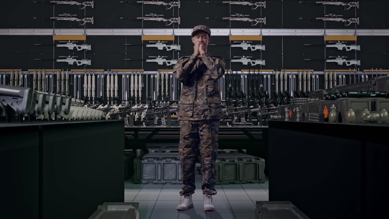 uomo asiatico in uniforme da soldato dell'esercito a figura intera che prega in un arsenale militare