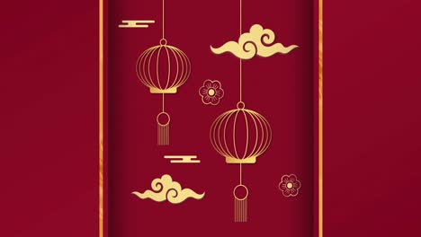 Animation-of-lanterns-and-flowers-on-red-backrgound