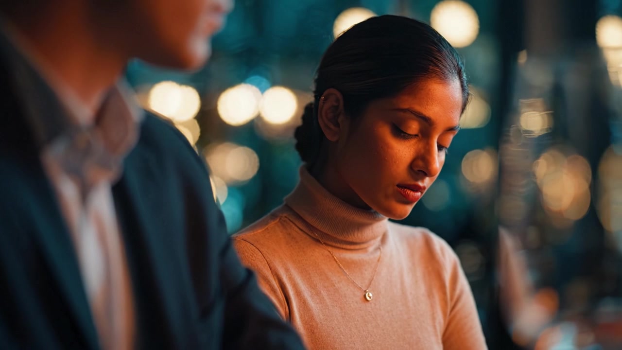 A contemplative moment in a softly lit setting, highlighting emotion and connection between two individuals, where focus and introspection take center stage.