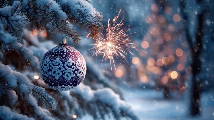 A Magical Winter Scene Featuring a Beautifully Decorated Ornament and Sparkling Firework Lights Against a Snowy Background, Creating an Enchanting Holiday Atmosphere