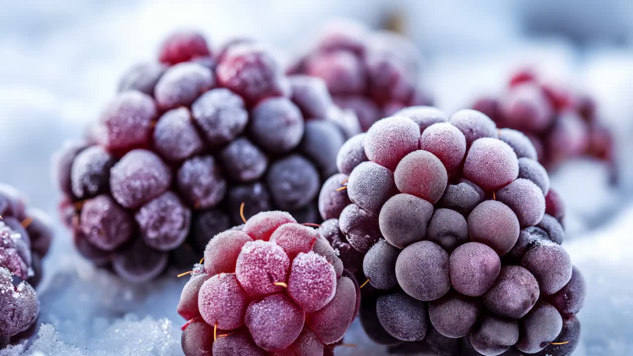 Close up view of frozen blackberries adorned with delicate ice crystals resting on a blanket of snow, creating a refreshing and wintry atmosphere perfect for seasonal imagery