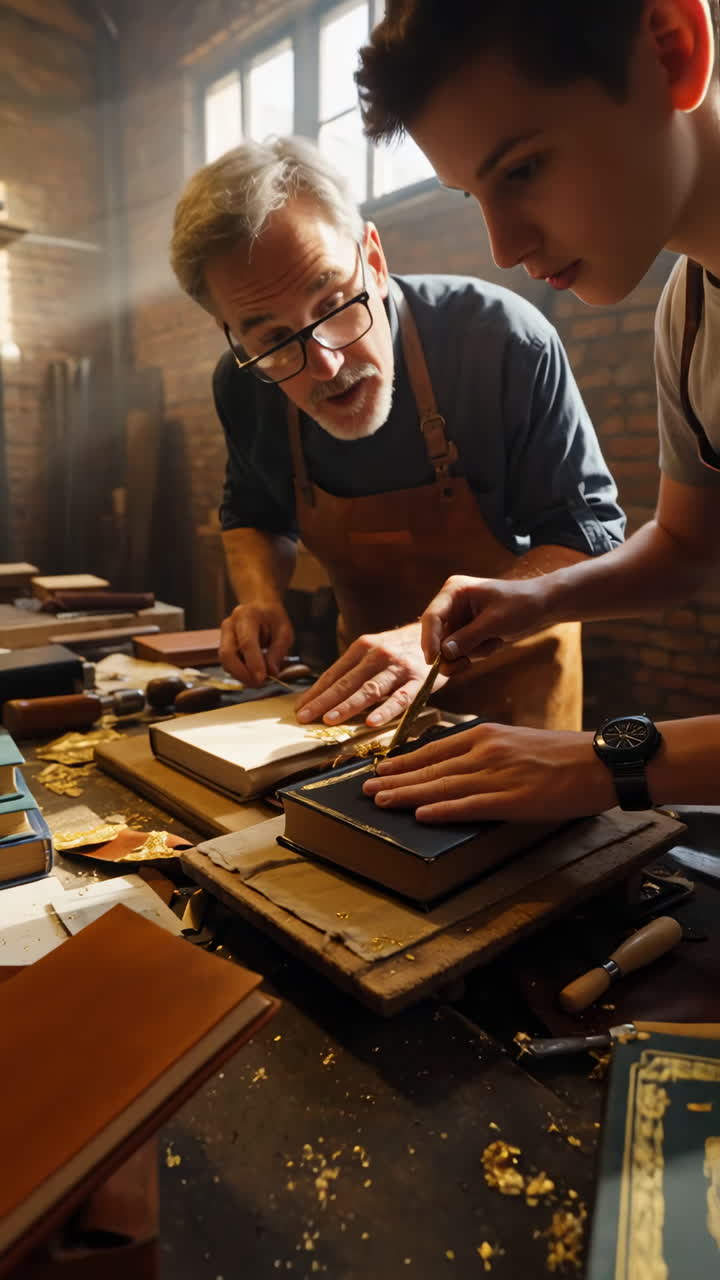 Master and Apprentice Practicing Traditional Book Gilding