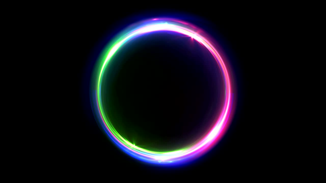 abstracto multicolor bucle sin costuras de neón fondo luminoso girando círculos brillantes. negro elegante. halo alrededor. energía aislada. chispas partícula. túnel espacial. led color elipse. brillo brillante.