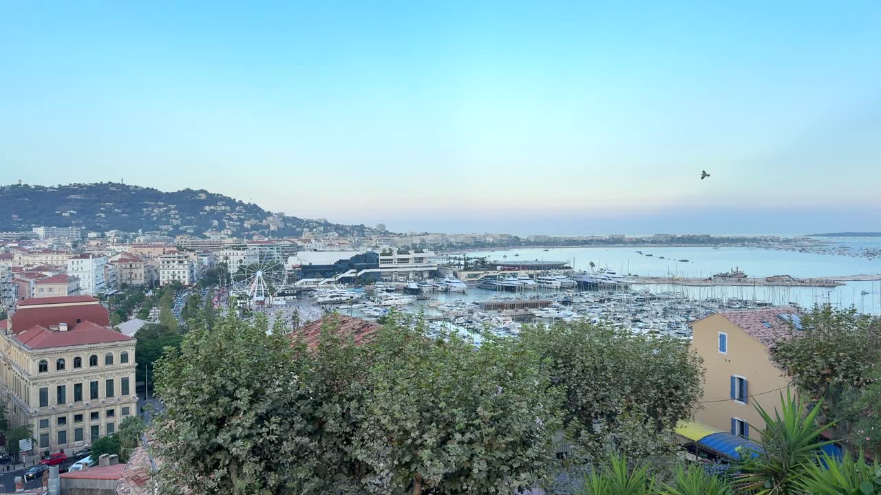 Overview Cannes City and the Old Port at Mediterranean Sea Golden Hour