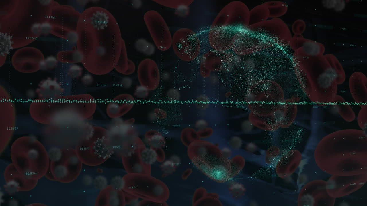 animación del procesamiento de datos sobre células de virus y globo