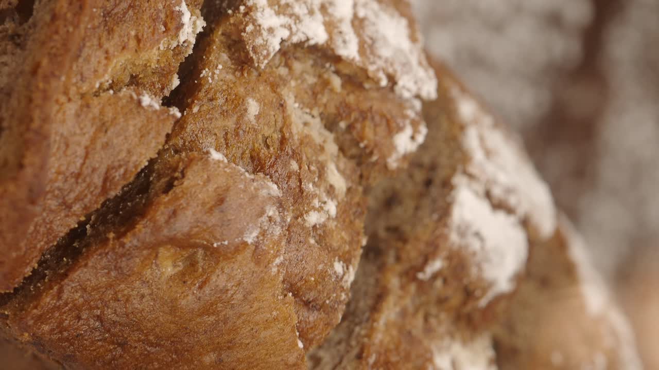 Close-up of rustic bread with flour dusting
