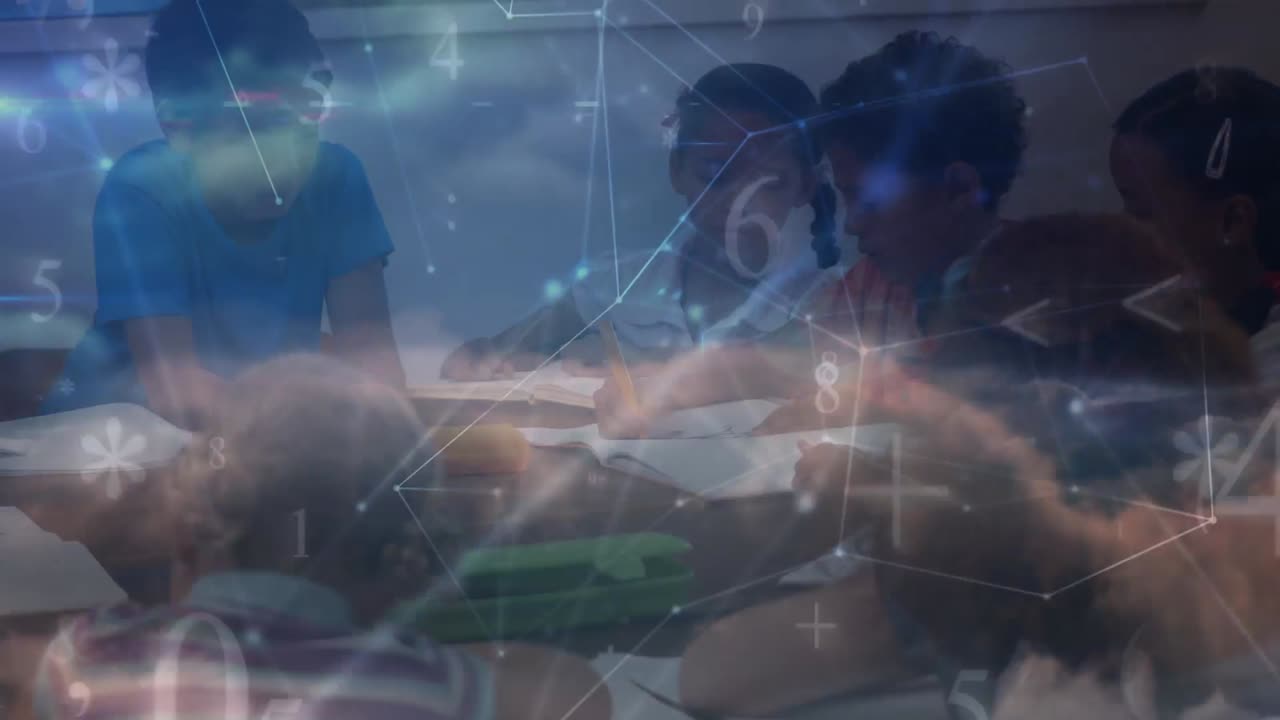 Animation of networks of connections and numbers over diverse schoolchildren in classroom