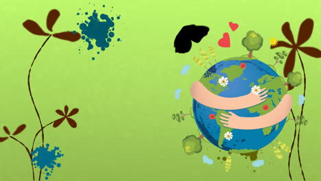 animación de globo y flores sobre fondo verde