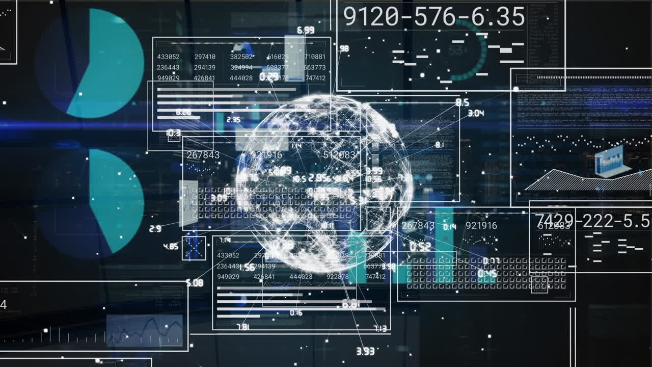 Animation of interface with data processing and globe of network of connections on blue background