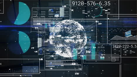 animación de la interfaz con procesamiento de datos y globo de la red de conexiones sobre fondo azul.
