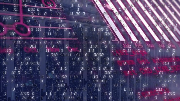 Animation of digital technology with binary code and circuit board overlaying calendar