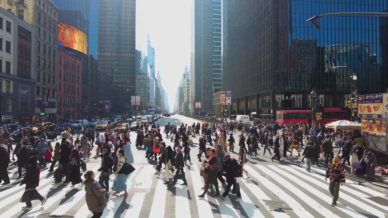 Crowd of People Crossing a Busy Intersection in New York City