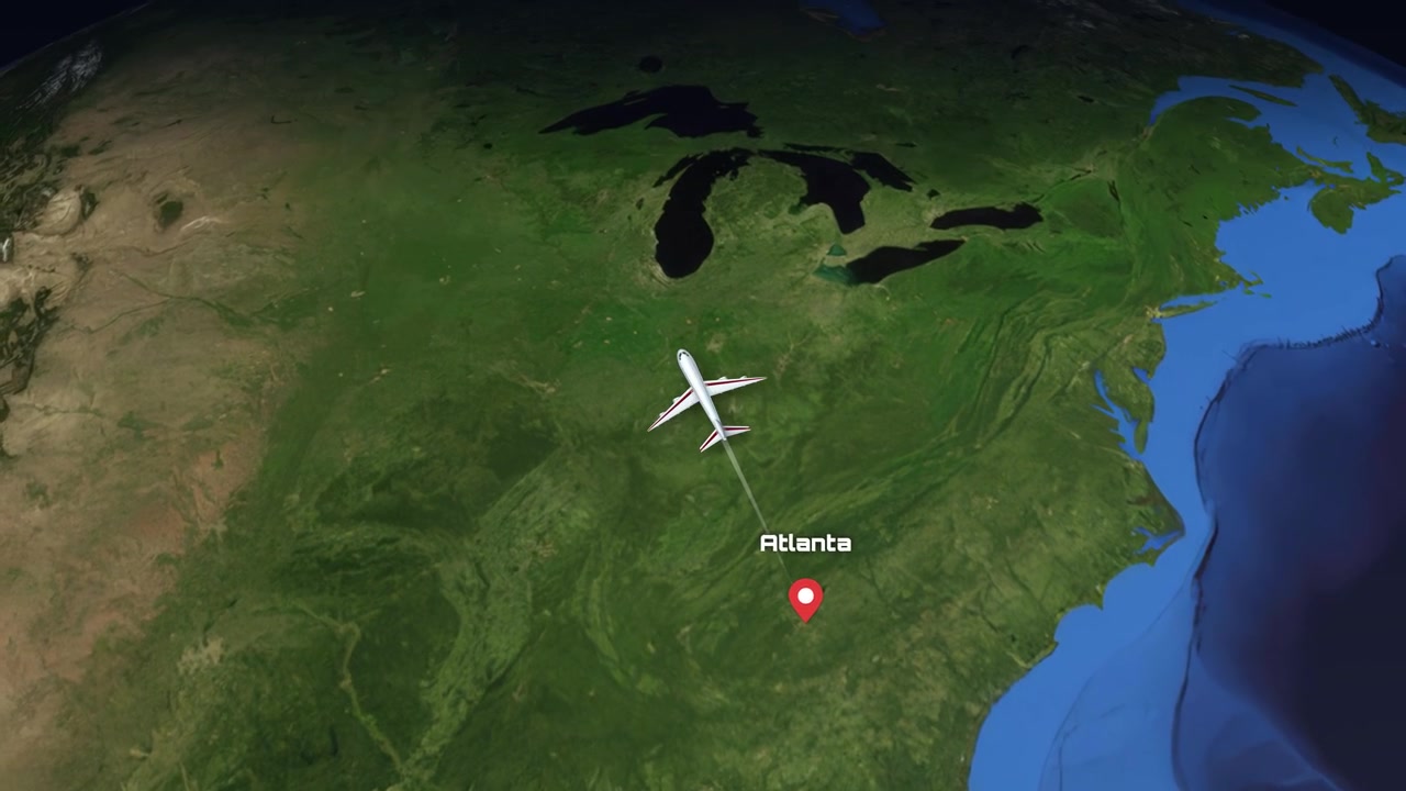 A digital animation tracks a commercial airplane flying across the globe from Atlanta to Guangzhou