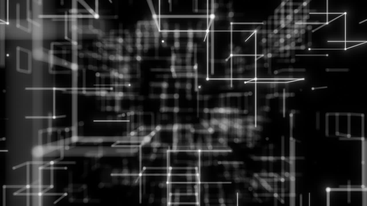 White Blurred Wireframe Cubes in Fast Digital Motion. Looped 3D rendering